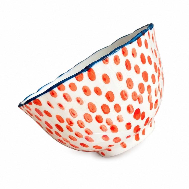 Ceramic Bowl Red Dots Blue Rim, 11 x 6.5 cm, Hand-Painted Underglaze Decorative - product view 1