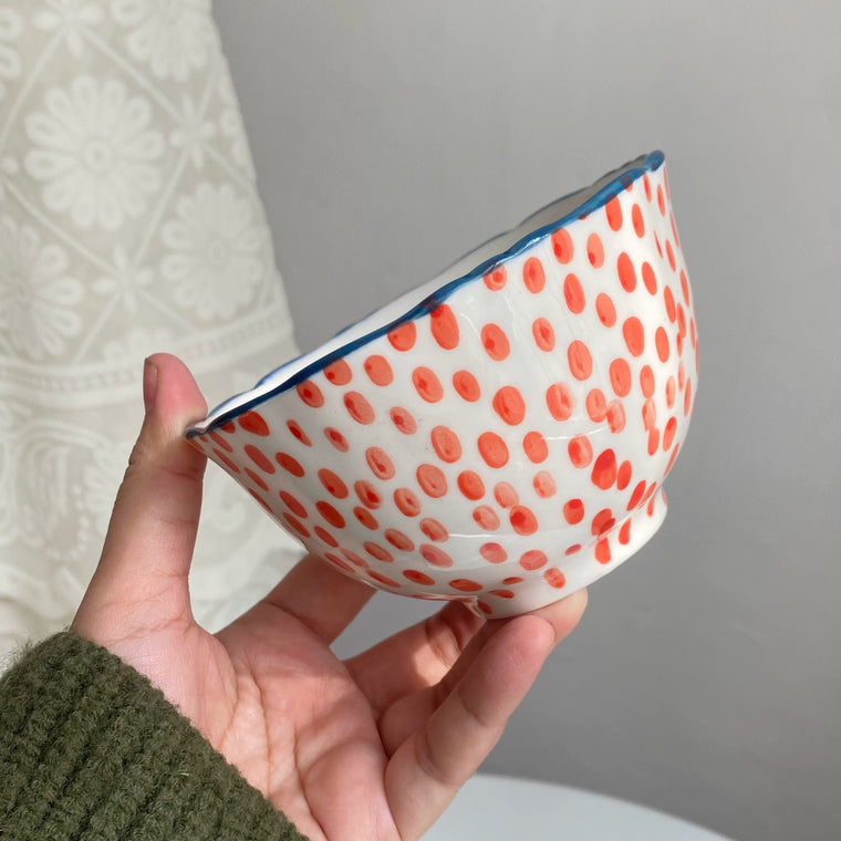 Ceramic Bowl Red Dots Blue Rim, 11 x 6.5 cm, Hand-Painted Underglaze Decorative - detail 1