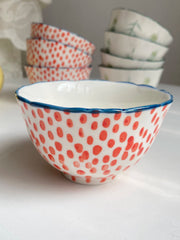 Ceramic Bowl Red Dots Blue Rim, 11 x 6.5 cm, Hand-Painted Underglaze Decorative - detail 3