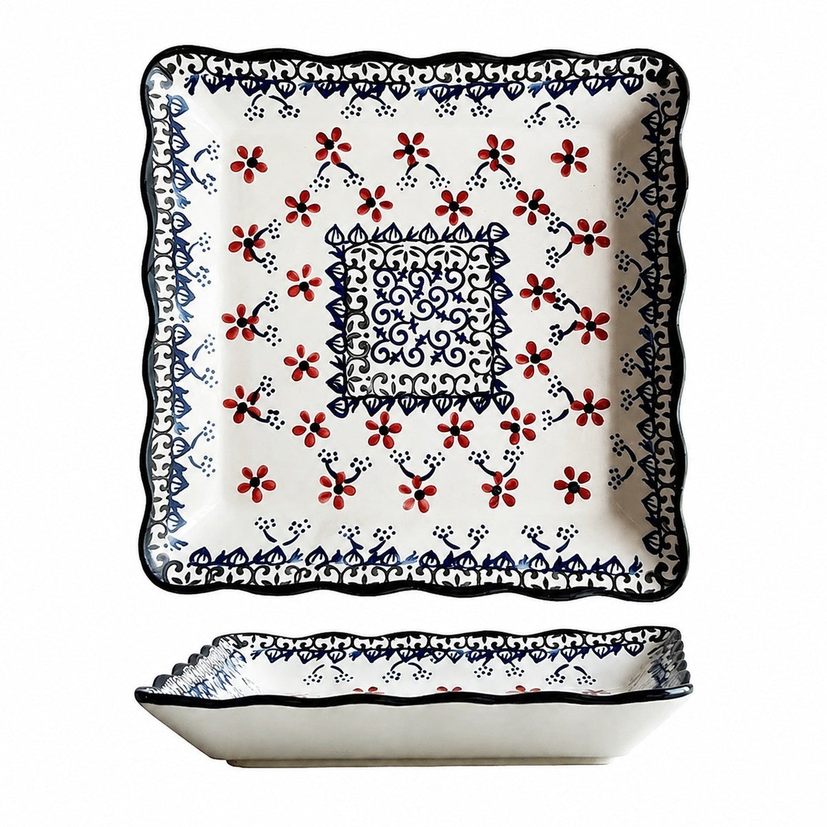 Floral Rectangular Plate, Red Blossoms, Square, 7.5 Inch, Porcelain, Hand-Painted - product view 1
