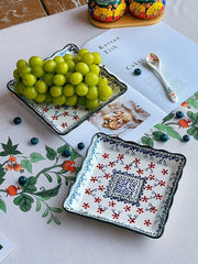 Floral Rectangular Plate, Red Blossoms, Square, 7.5 Inch, Porcelain, Hand-Painted - detail 3