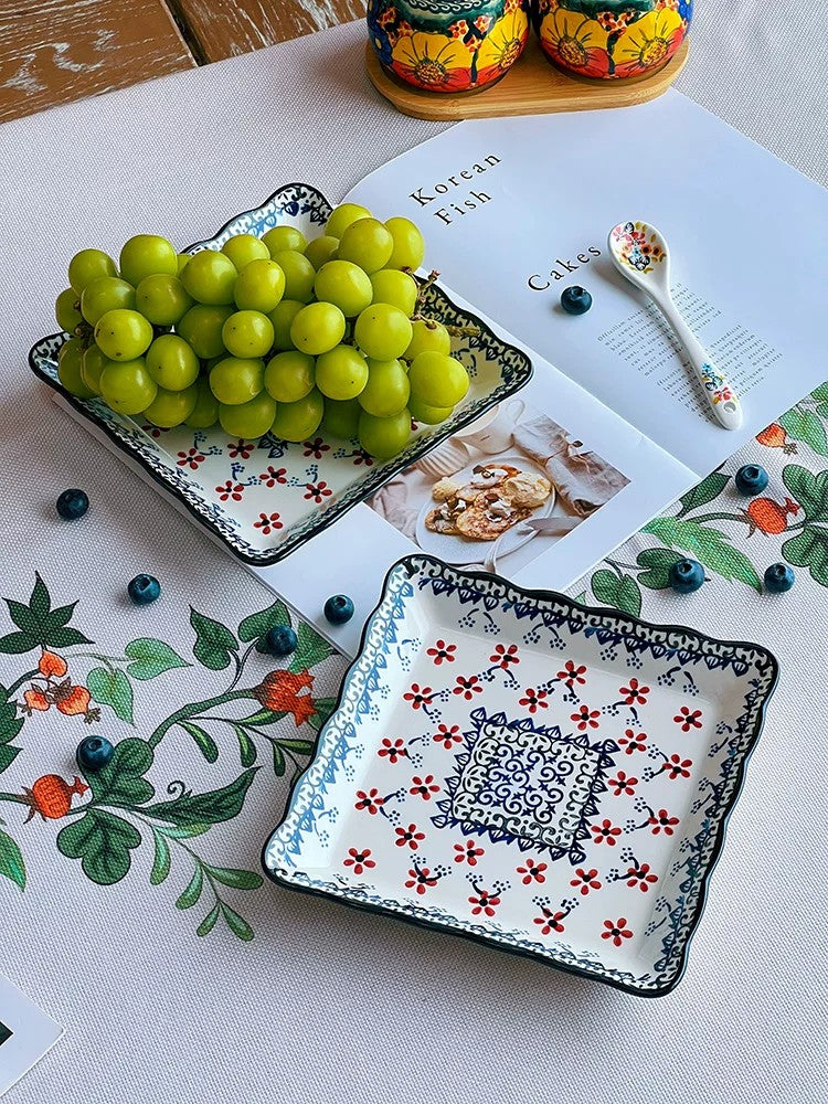 Floral Rectangular Plate, Red Blossoms, Square, 7.5 Inch, Porcelain, Hand-Painted - detail 3