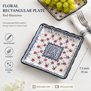 Floral Rectangular Plate, Red Blossoms, Square, 7.5 Inch, Porcelain, Hand-Painted - detail 1