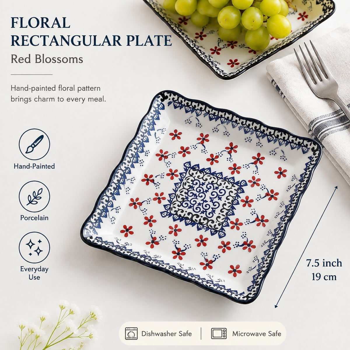 Floral Rectangular Plate, Red Blossoms, Square, 7.5 Inch, Porcelain, Hand-Painted - detail 1
