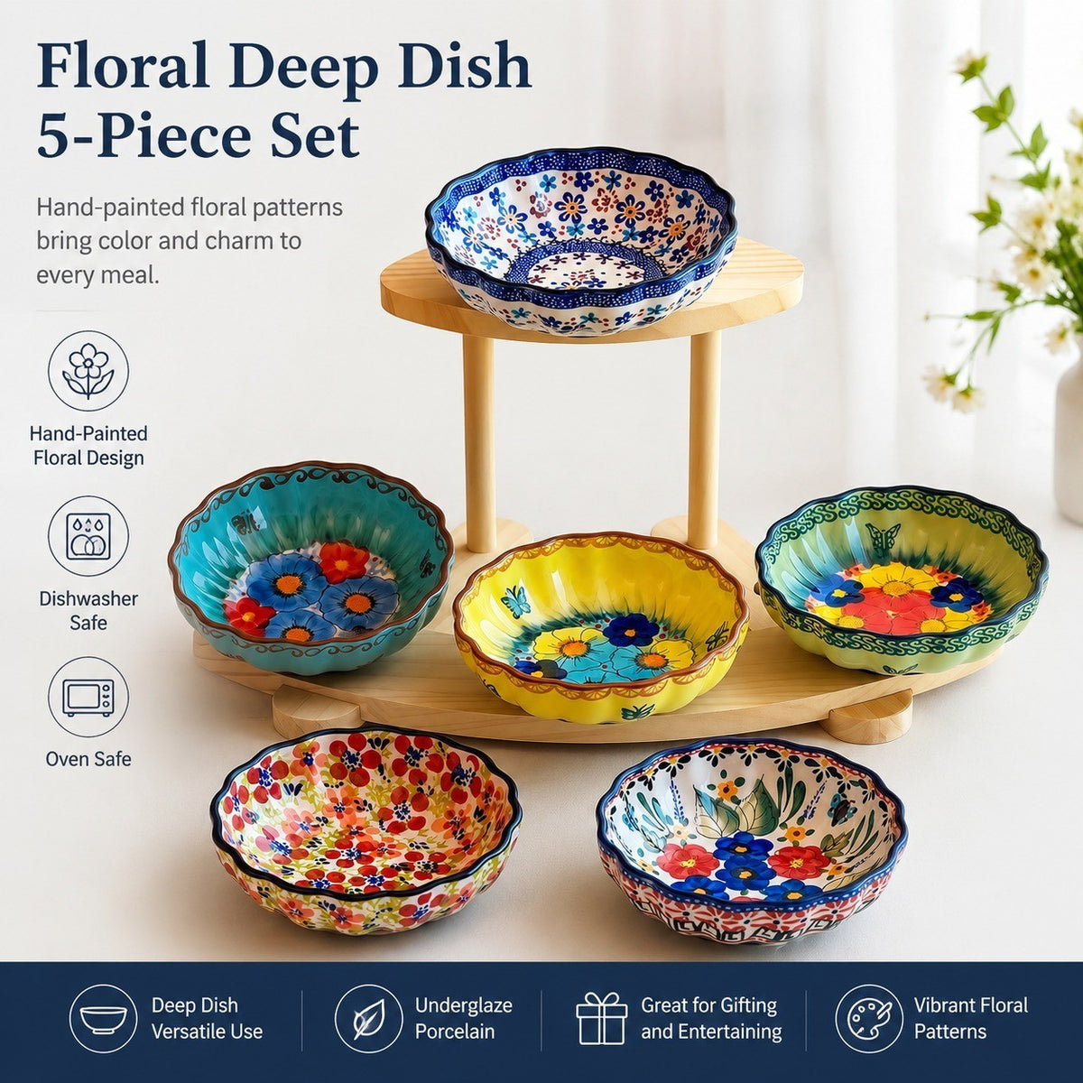 Underglaze Porcelain Floral Deep Dish, 5.7 Inch - detail 3