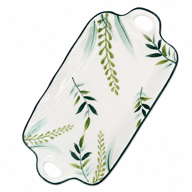 Ceramic Fish Platter with Two Handles, Green Leaf, 12 Inch, 31 x 16.5 x 3 cm - product view 1