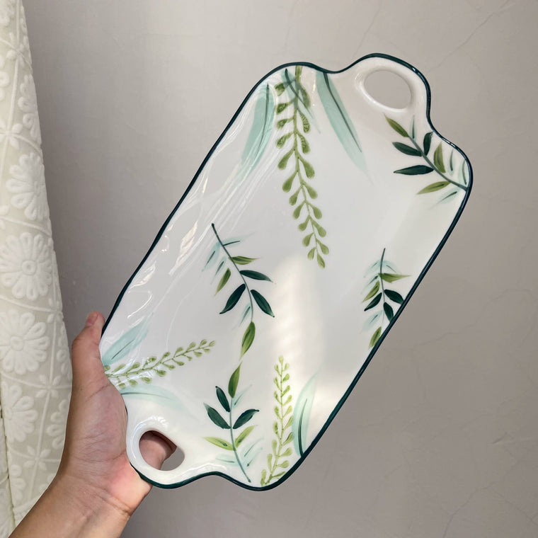 Ceramic Fish Platter with Two Handles, Green Leaf, 12 Inch, 31 x 16.5 x 3 cm - detail 1