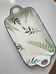 Ceramic Fish Platter with Two Handles, Green Leaf, 12 Inch, 31 x 16.5 x 3 cm - detail 3