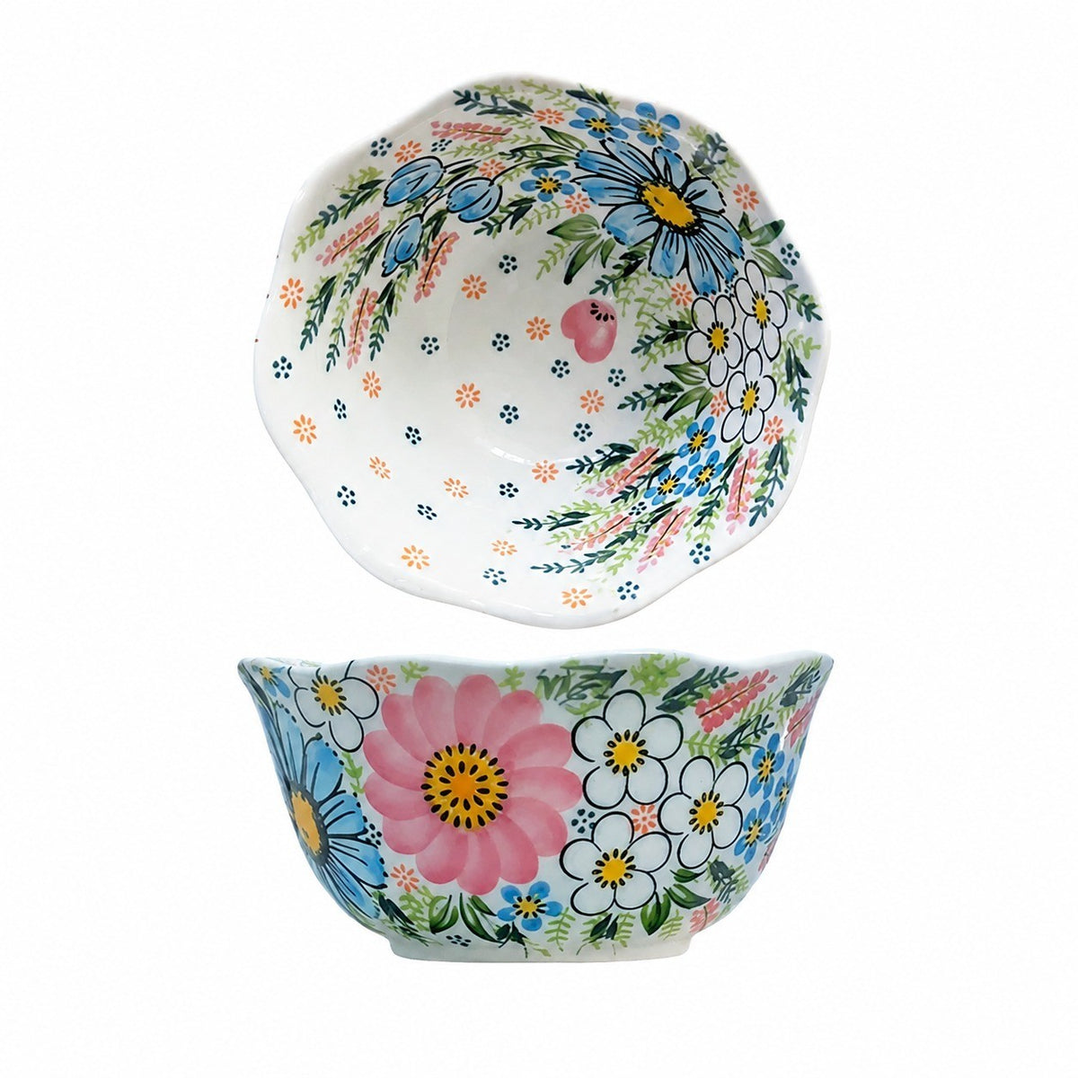 Underglaze Ceramic Floral Rice Bowl, 5.2 Inch, Hand-Painted - product view 3