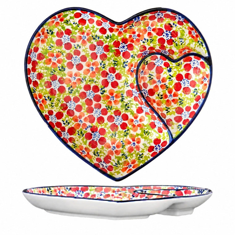 Red Bouquet Heart Divided Plate, Underglaze Ceramic Dumpling Plate - product view 2