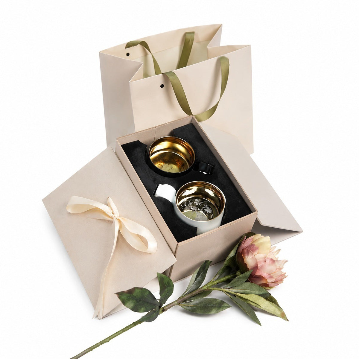 Ceramic Coffee Cup Pair, Starry Black Iris & Pale Celadon Magnolia, Boxed Set - product view 13