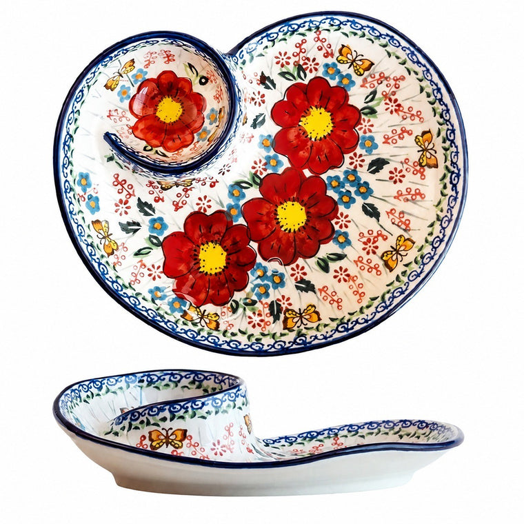 Red Bouquet Heart Divided Plate, Underglaze Ceramic Dumpling Plate - product view 1