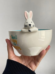 Happy Blue Rabbit Ceramic Bowl, Underglaze Decorative Dish - detail 2