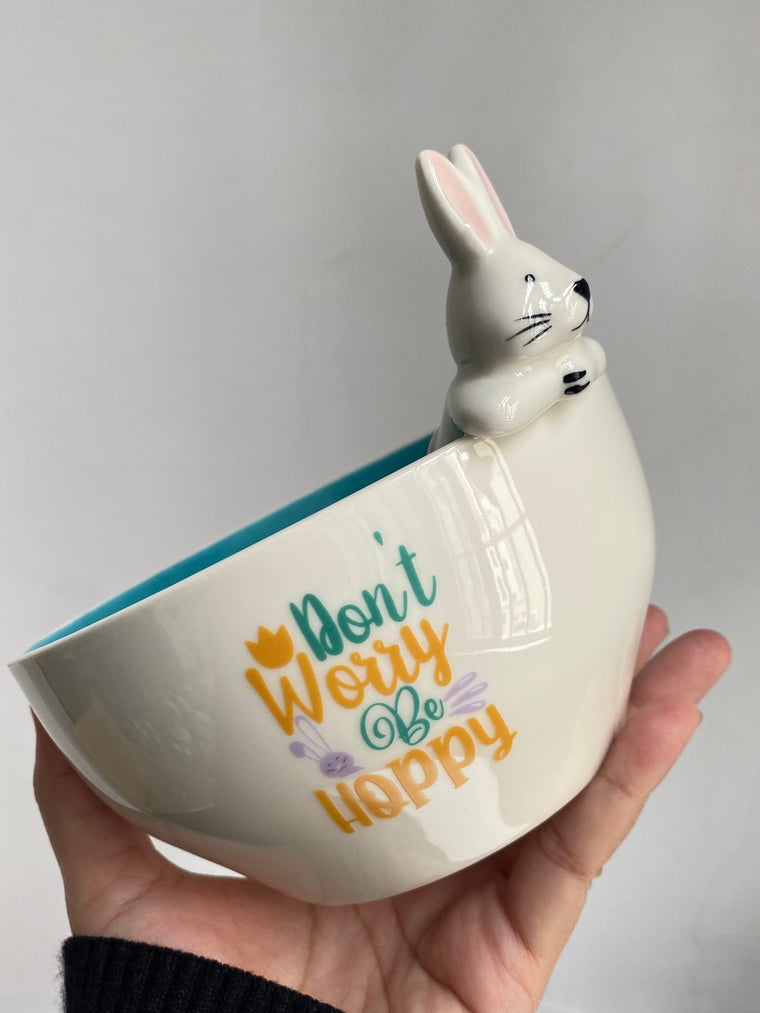 Happy Blue Rabbit Ceramic Bowl, Underglaze Decorative Dish - detail 1