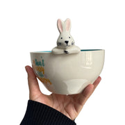 Happy Blue Rabbit Ceramic Bowl, Underglaze Decorative Dish - product view 1