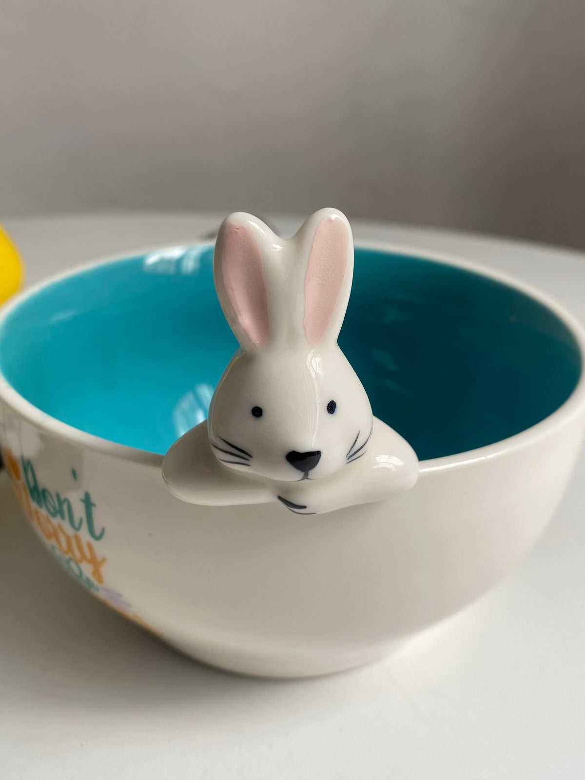 Happy Blue Rabbit Ceramic Bowl, Underglaze Decorative Dish - detail 3
