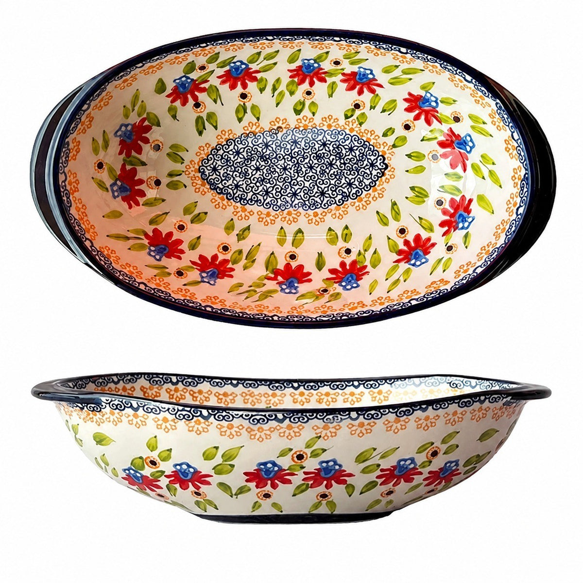 Ingot-Shaped Deep Ceramic Bowl, Hand-Painted - product view 3