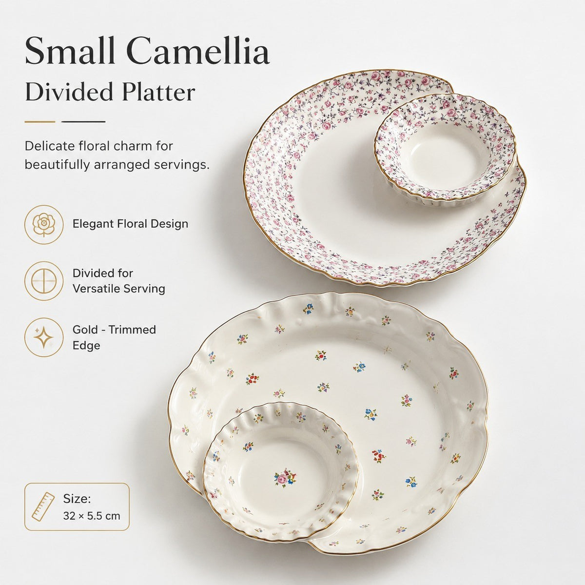Small Camellia Divided Platter, 32 x 5.5 cm, Ceramic Serving Tray - detail 2