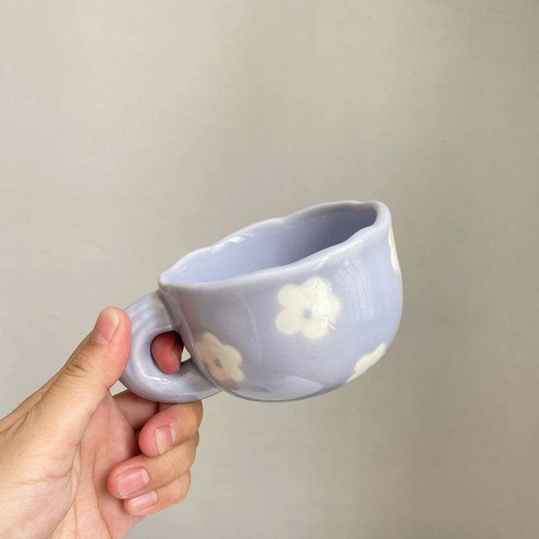 Purple Ceramic Cup with Small White Flowers, 200 ml, Hand-Painted - detail 1