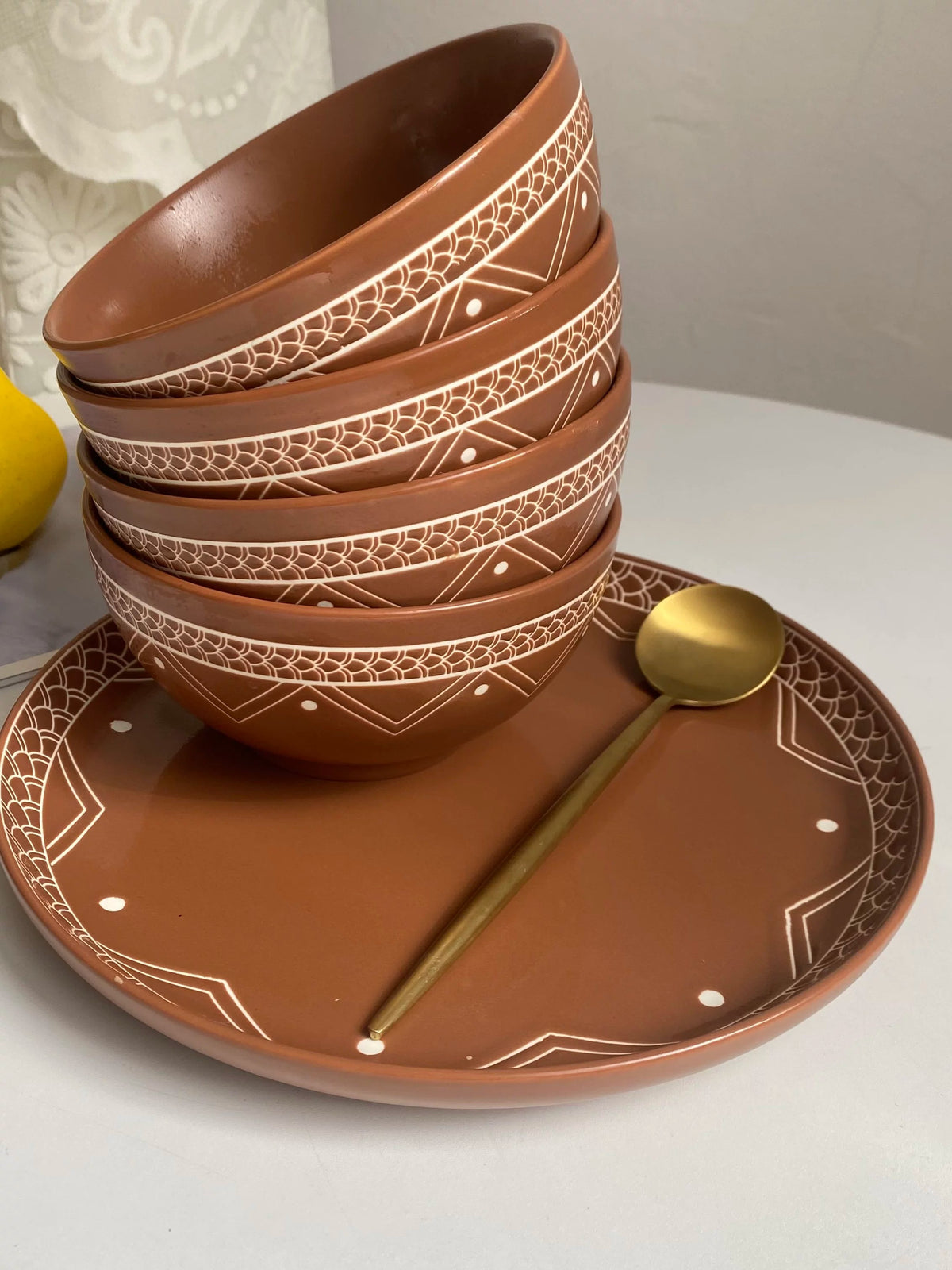 Clay Color Ceramic Bowl, 6 Inch (15 x 7.5 cm), Underglaze Relief Detailing - detail 2