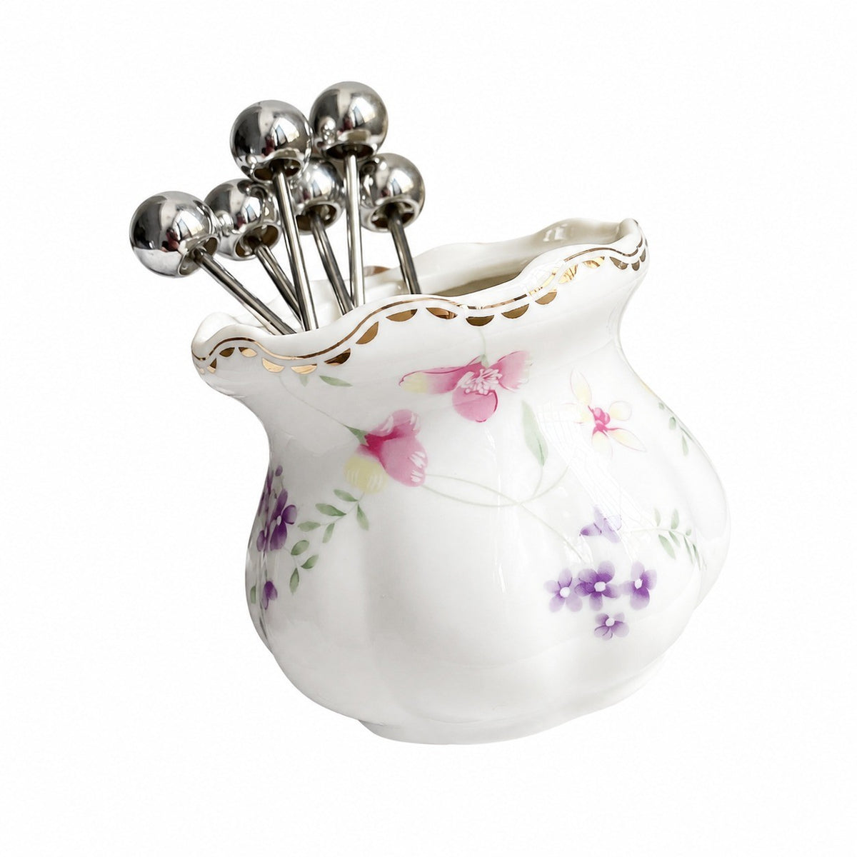 Romantic Floral Fruit Fork Holder, Ceramic, 6 Forks Included - product view 1
