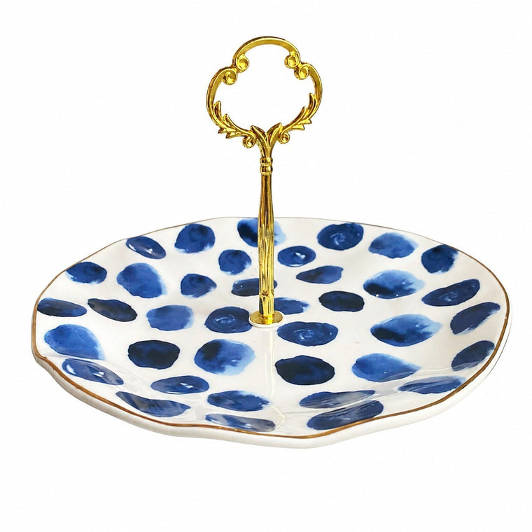 Blue Polka-Dot Handled Ceramic Plate, 20 x 12 cm, Underglaze, Hand-Painted - product view 1