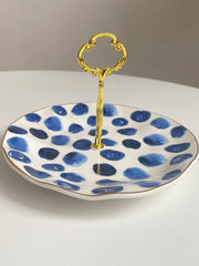 Blue Polka-Dot Handled Ceramic Plate, 20 x 12 cm, Underglaze, Hand-Painted - detail 2