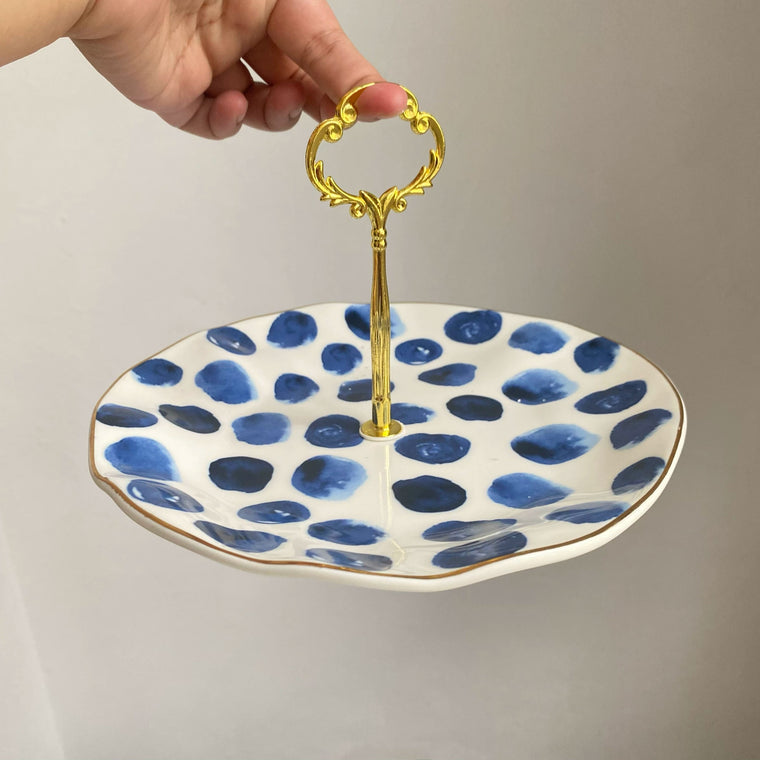 Blue Polka-Dot Handled Ceramic Plate, 20 x 12 cm, Underglaze, Hand-Painted - detail 1