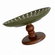 Army Green Ceramic Fruit Bowl with Wood Pedestal, 20 x 10 cm, Relief Detail - product view 1