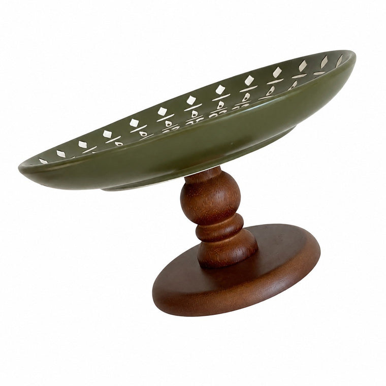 Army Green Ceramic Fruit Bowl with Wood Pedestal, 20 x 10 cm, Relief Detail - product view 1