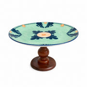 Ceramic Fruit Bowl with Wood Pedestal, Green, 26.5 x 14 cm, Decorative Serving - product view 1