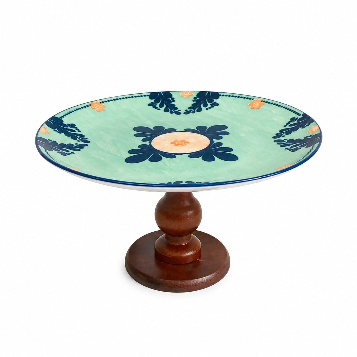 Ceramic Fruit Bowl with Wood Pedestal, Green, 26.5 x 14 cm, Decorative Serving - product view 1