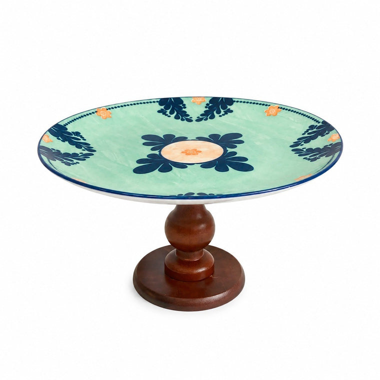 Ceramic Fruit Bowl with Wood Pedestal, Green, 26.5 x 14 cm, Decorative Serving - product view 1
