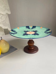 Ceramic Fruit Bowl with Wood Pedestal, Green, 26.5 x 14 cm, Decorative Serving - detail 2