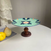 Ceramic Fruit Bowl with Wood Pedestal, Green, 26.5 x 14 cm, Decorative Serving - detail 1