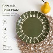 Army Green Ceramic Fruit Bowl with Wood Pedestal, 20 x 10 cm, Relief Detail - detail 3