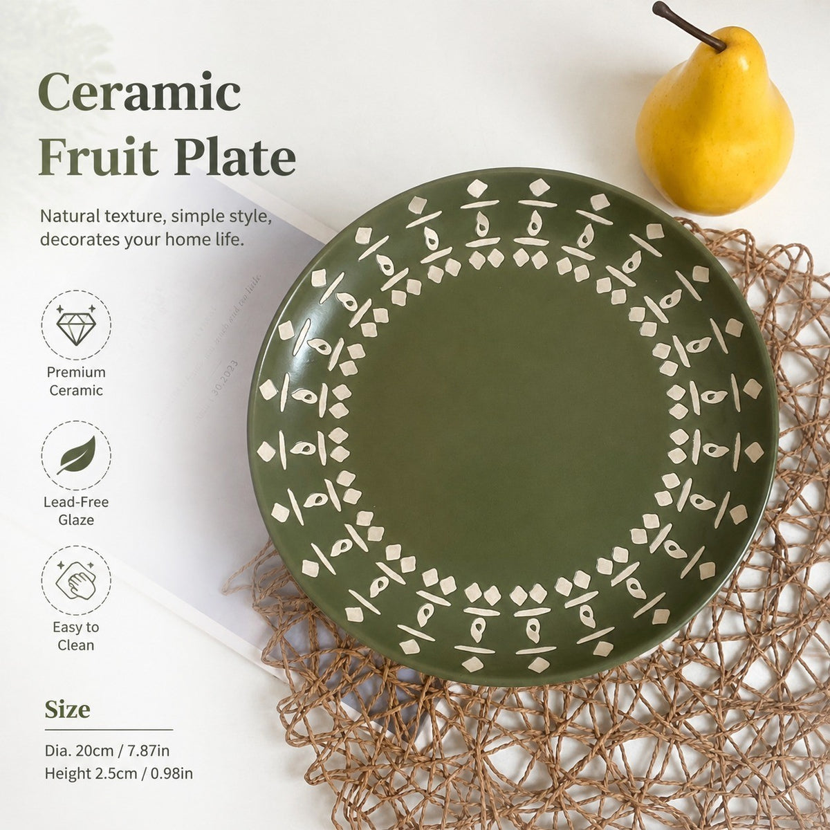 Army Green Ceramic Fruit Bowl with Wood Pedestal, 20 x 10 cm, Relief Detail - detail 3