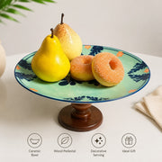 Ceramic Fruit Bowl with Wood Pedestal, Green, 26.5 x 14 cm, Decorative Serving - detail 3