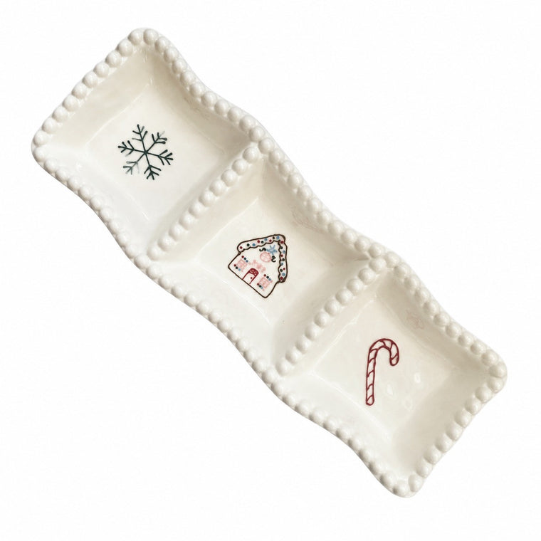 Beaded Ceramic Divided Platter, 38 x 14 x 4 cm, Serving Tray with Relief Detail - product view 1