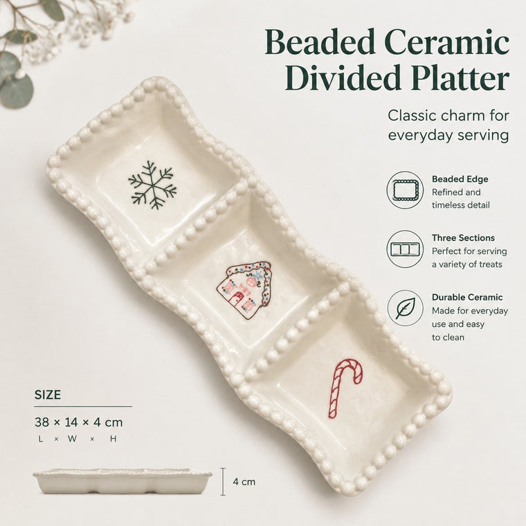 Beaded Ceramic Divided Platter, 38 x 14 x 4 cm, Serving Tray with Relief Detail - detail 1