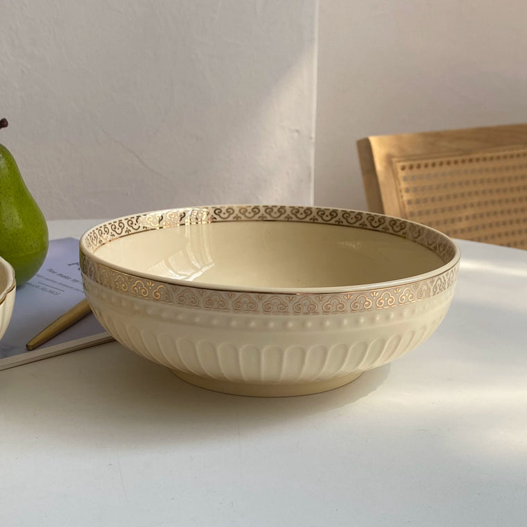 Vintage Yellow Ceramic Bowl with Gold Rim, 7 Inch Small Decorative Serving Bowl - detail 1