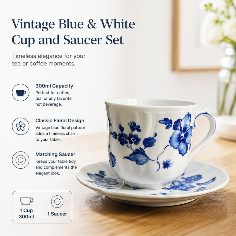 Vintage Blue and White Ceramic Cup and Saucer Set, 300ml, 1 Cup 1 Saucer - detail 1
