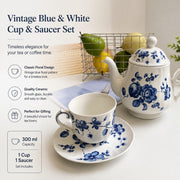 Vintage Blue and White Ceramic Cup and Saucer Set, 300ml, 1 Cup 1 Saucer - detail 2