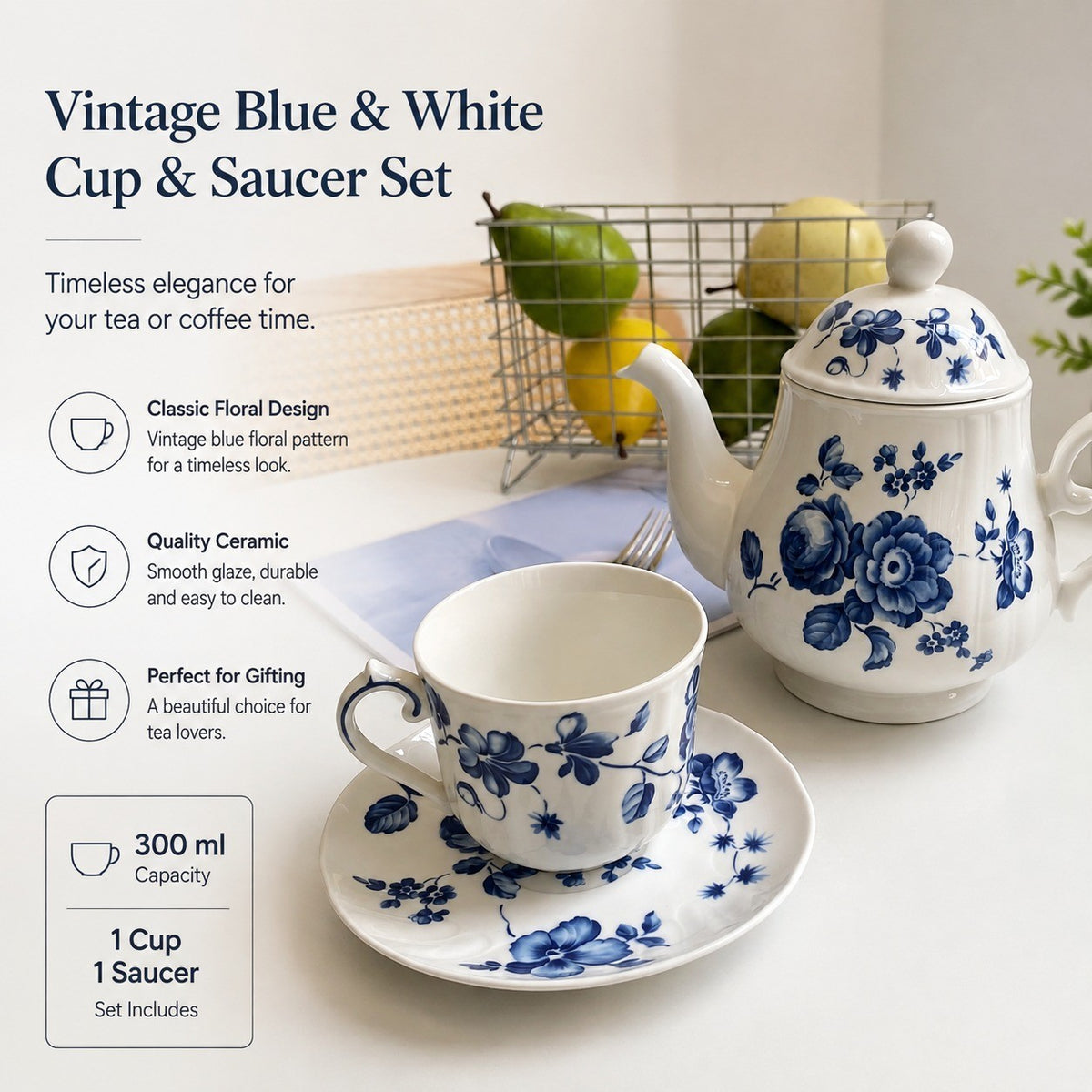 Vintage Blue and White Ceramic Cup and Saucer Set, 300ml, 1 Cup 1 Saucer - detail 2