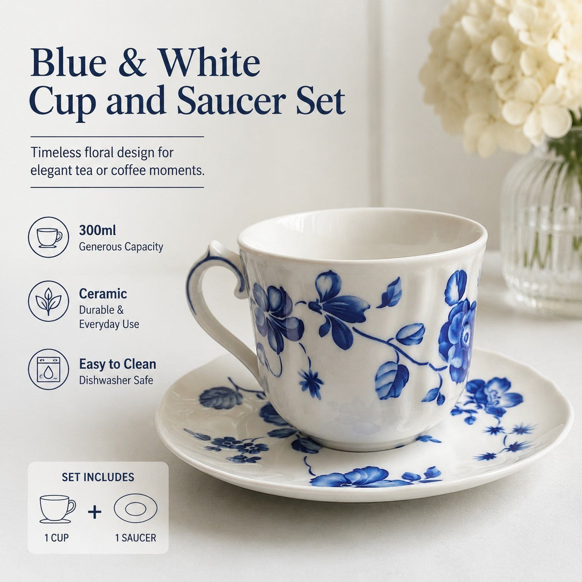 Vintage Blue and White Ceramic Cup and Saucer Set, 300ml, 1 Cup 1 Saucer - detail 3