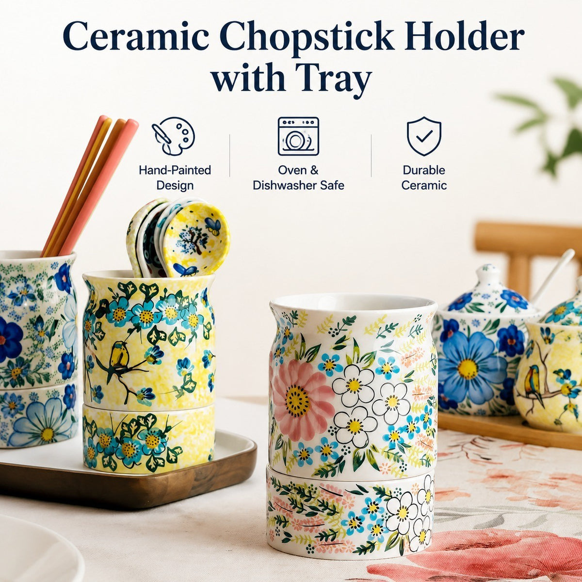 Ceramic Chopstick Holder with Tray, Hand-Painted - detail 3