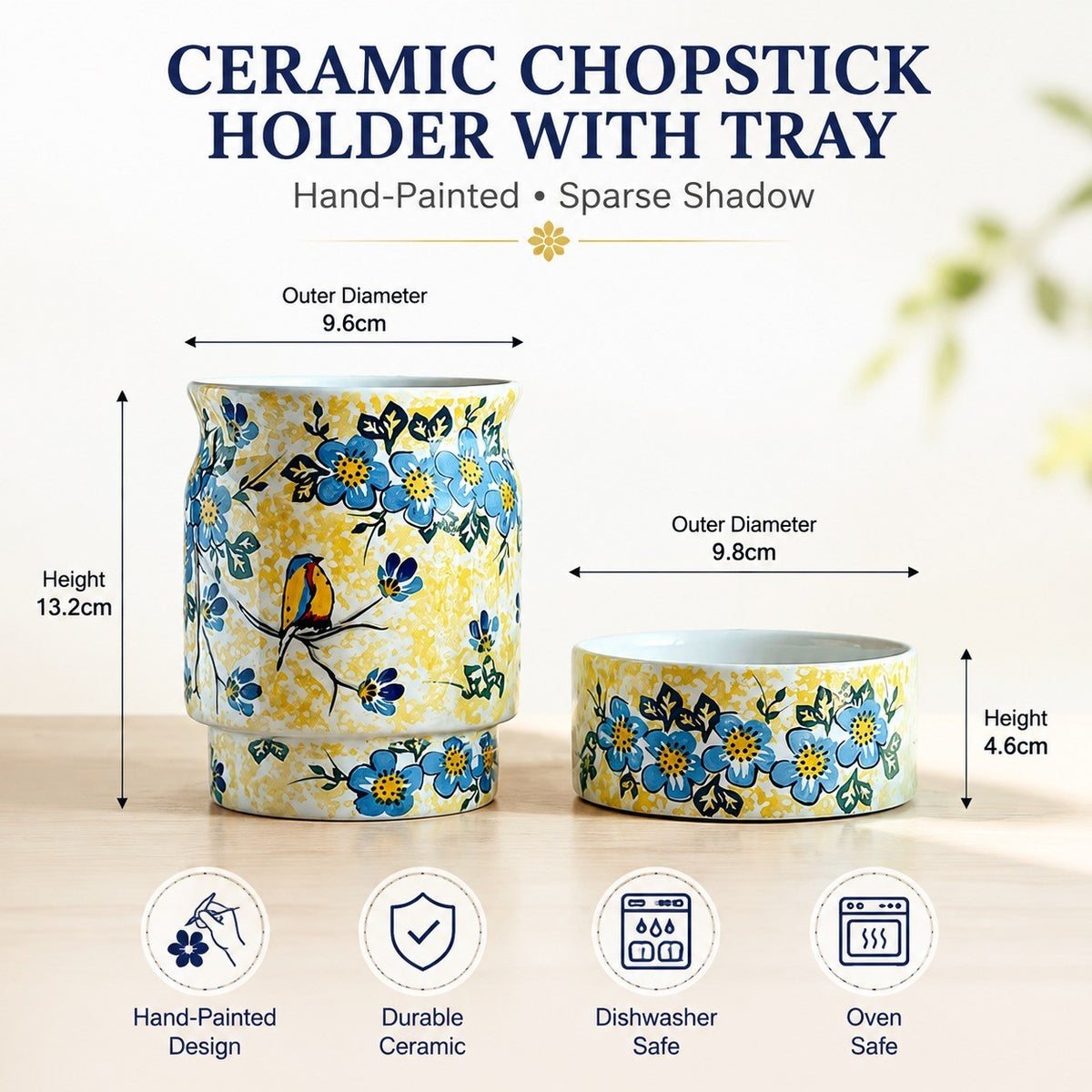 Ceramic Chopstick Holder with Tray, Hand-Painted - detail 1