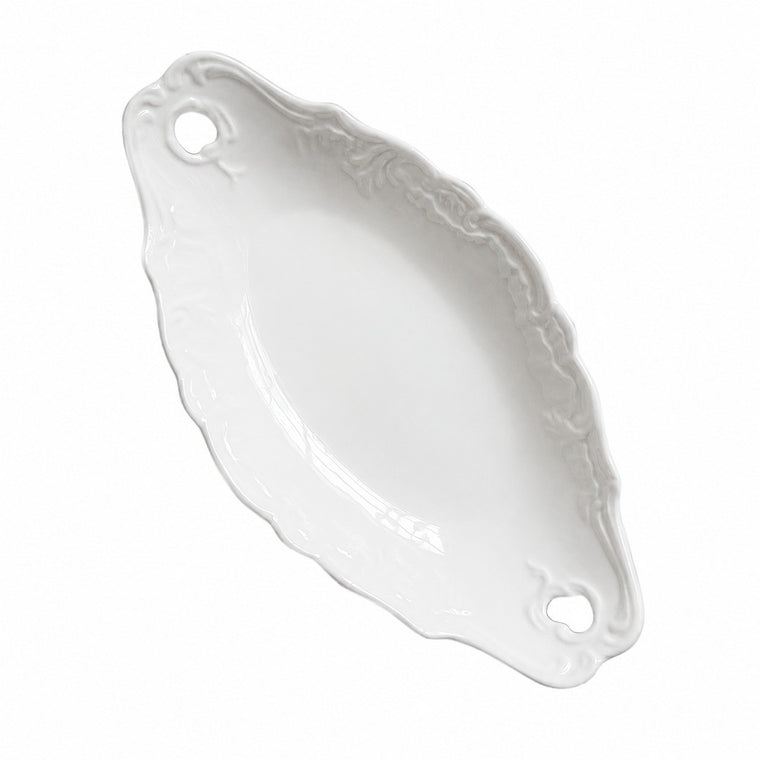 White Boat-Shape Ceramic Plate with Two Handles, 15.5 x 13.2 x 3.5 cm, Relief - product view 1