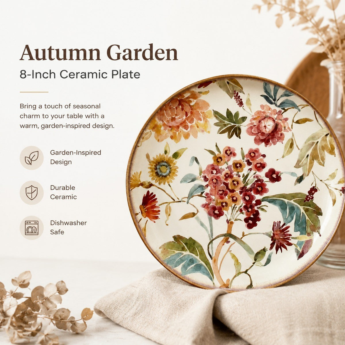 Autumn Garden 8 Inch Ceramic Plate, Underglaze Decorative Dinnerware - detail 1