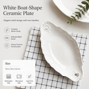 White Boat-Shape Ceramic Plate with Two Handles, 15.5 x 13.2 x 3.5 cm, Relief - detail 1